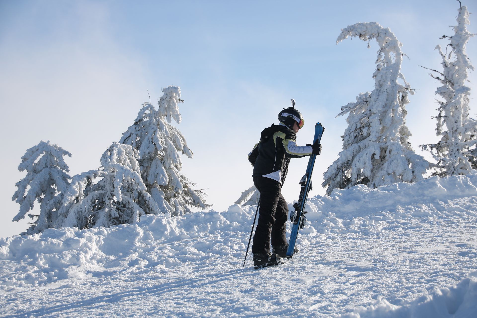 Skiër draagt ski's omhoog tussen besneeuwde bomen